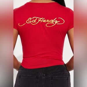 Ed Hardy Red Tee with Multicolor Dragon and Floral Graphic